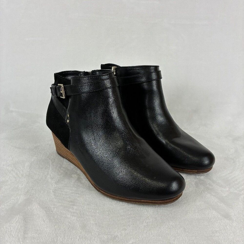 Dr Scholls Shoes Womens 10W Black Wedge Ankle Boot Buckle Zip Casual Minimalist
